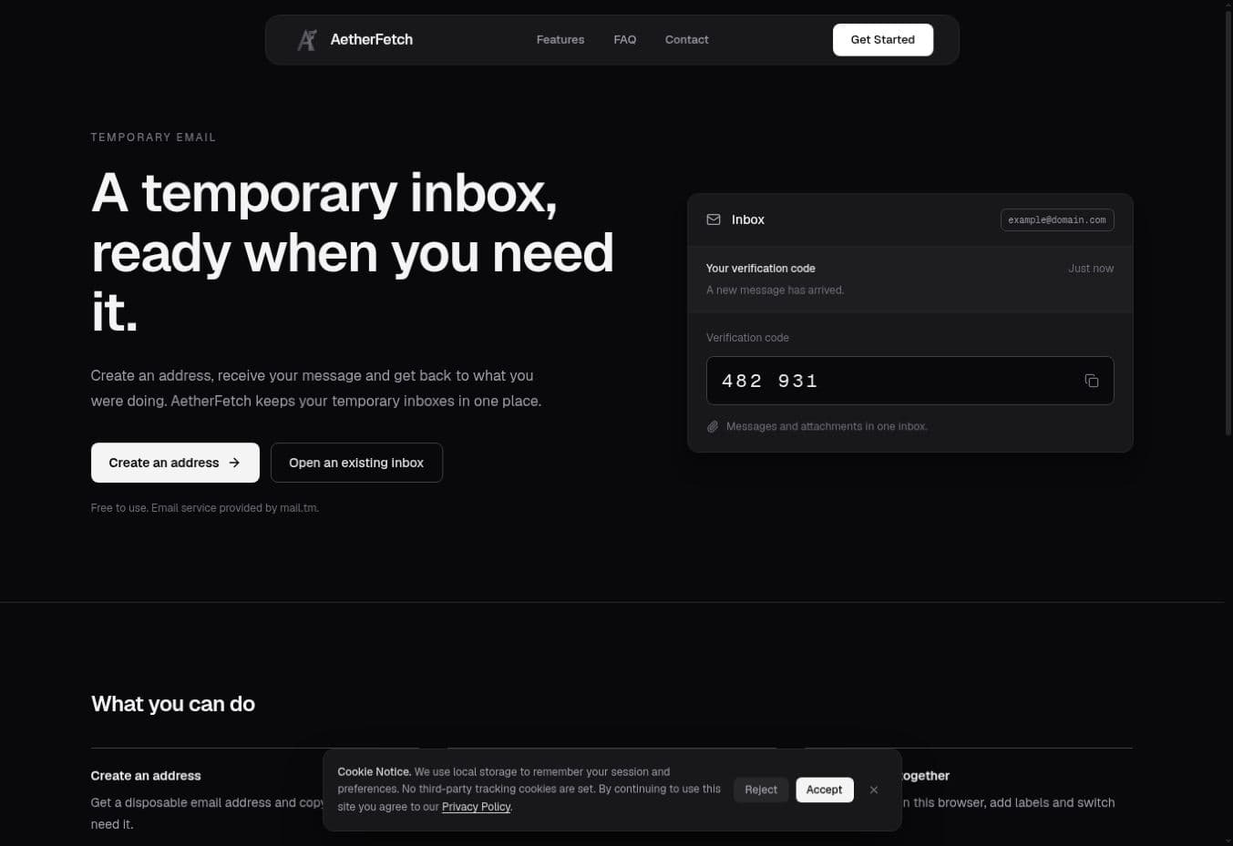 AetherFetch home page with Create an address and Open an existing inbox buttons