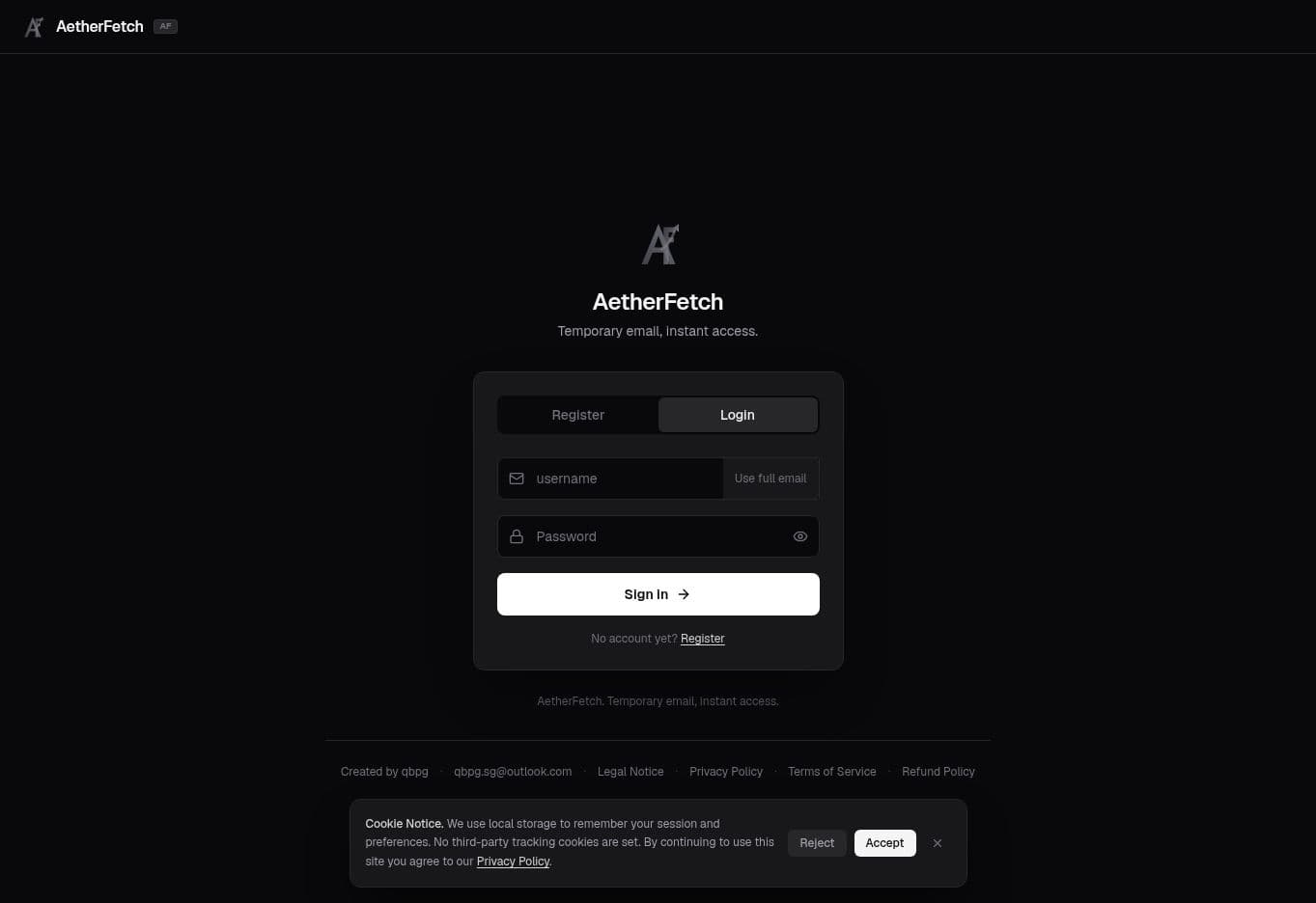 AetherFetch Login screen with fields for the full email address and password
