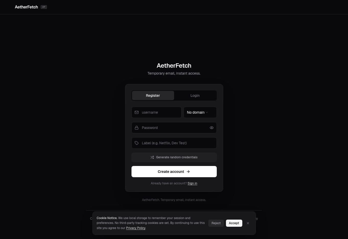 AetherFetch Register screen showing the username, domain, password and Create account controls